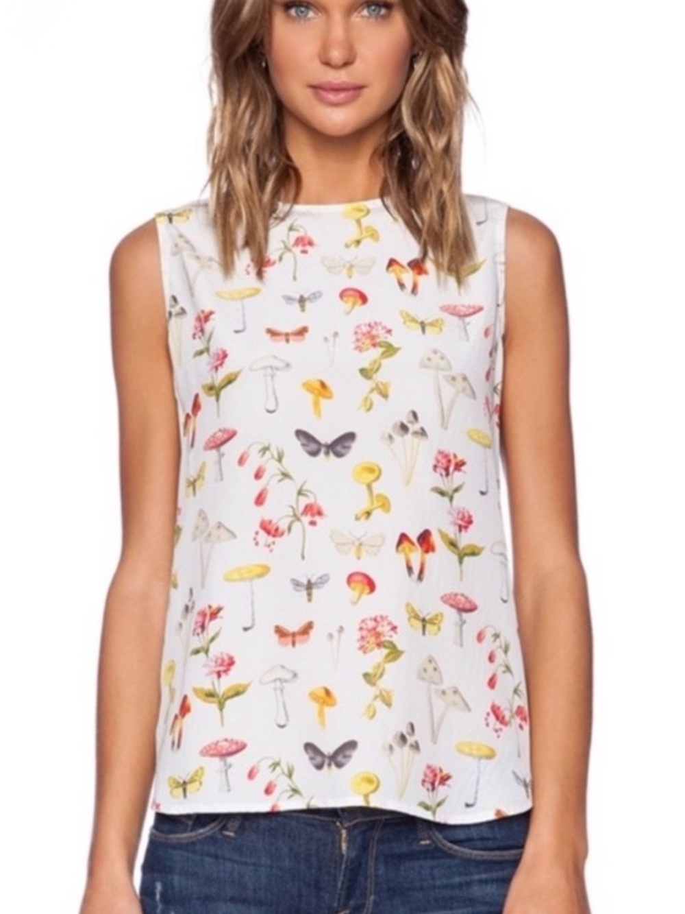Equipment White Sleeveless Tank with Mushroom, Butterfly & Floral Motif
